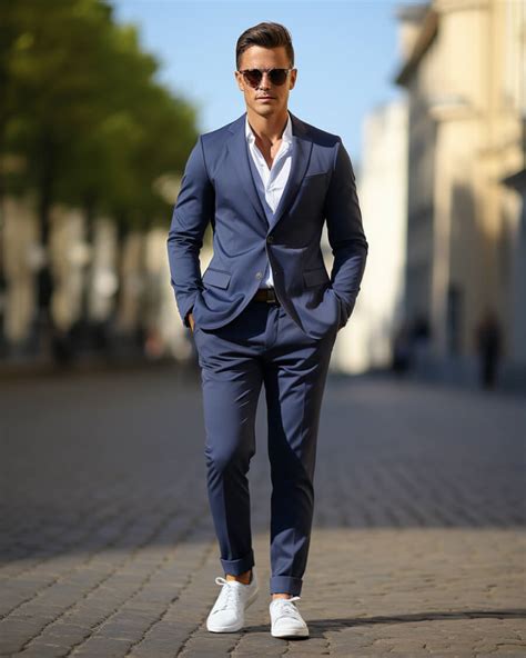 navy blue suit white sneakers.